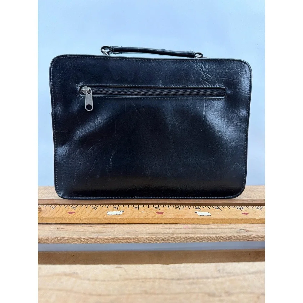 Vtg Black Faux Leather Multi Compartment Bag Handle Satchel No‎ Shoulder Strap